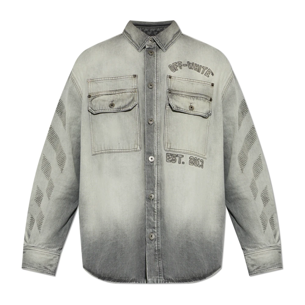 Off White Mannelijk Grijs Overhemden Heren, L, Denim, Denim Overhemd Met Zakken