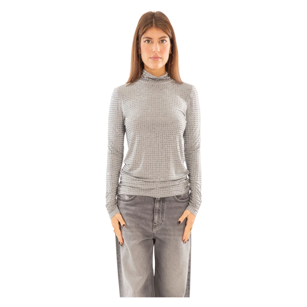 Pinko Rhinestones High-Neck Sweater Gray, Dam