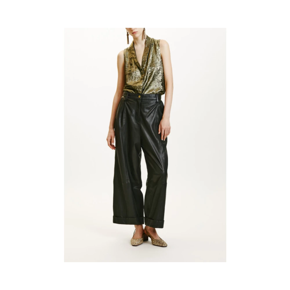 Momoni Wijde leren broek met zakken Black Dames