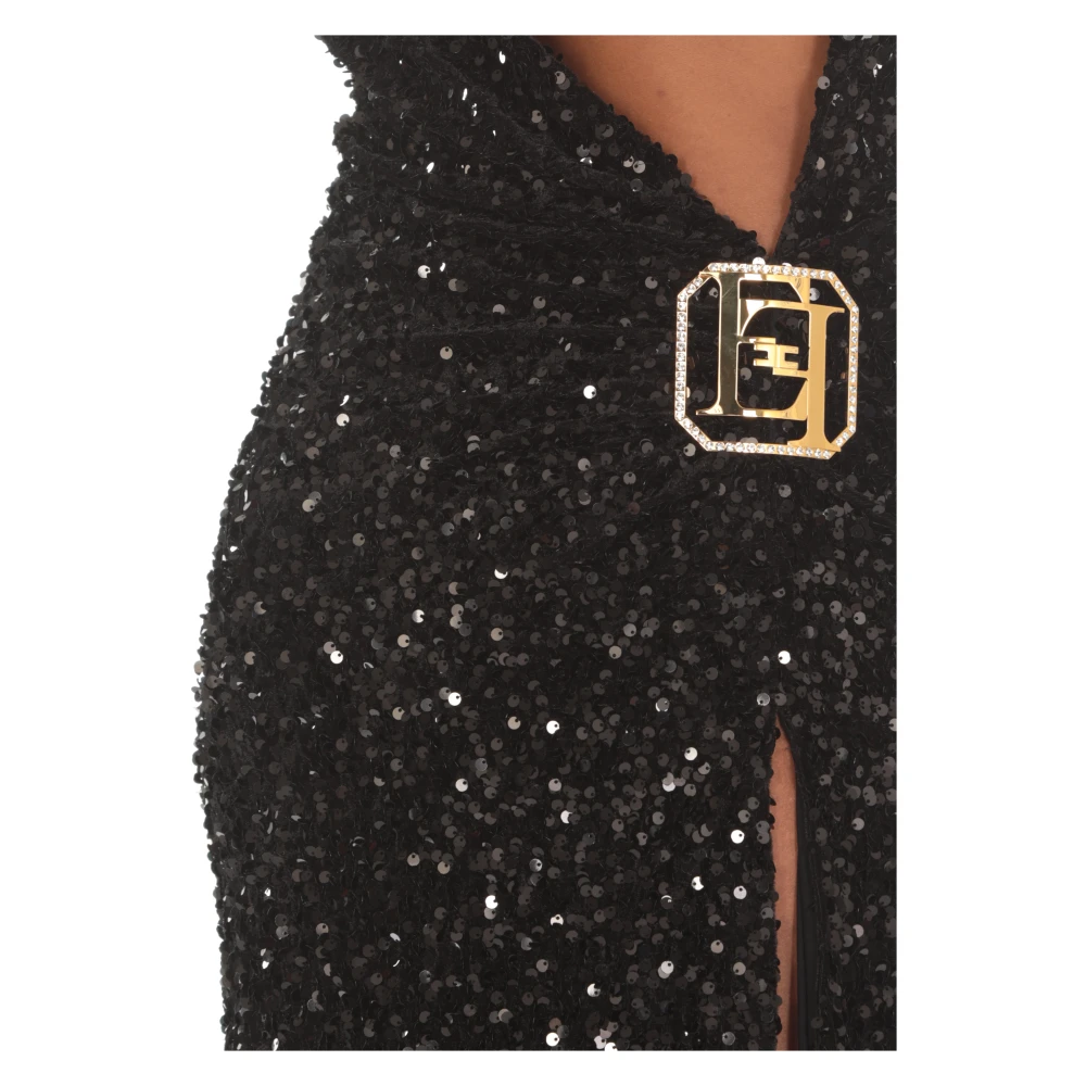 Elisabetta Franchi Zwarte Paillettenjurk Rechte Hals Lange Mouwen Black Dames