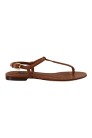 Brown Leather T-strap Slides Flats Sandals Shoes