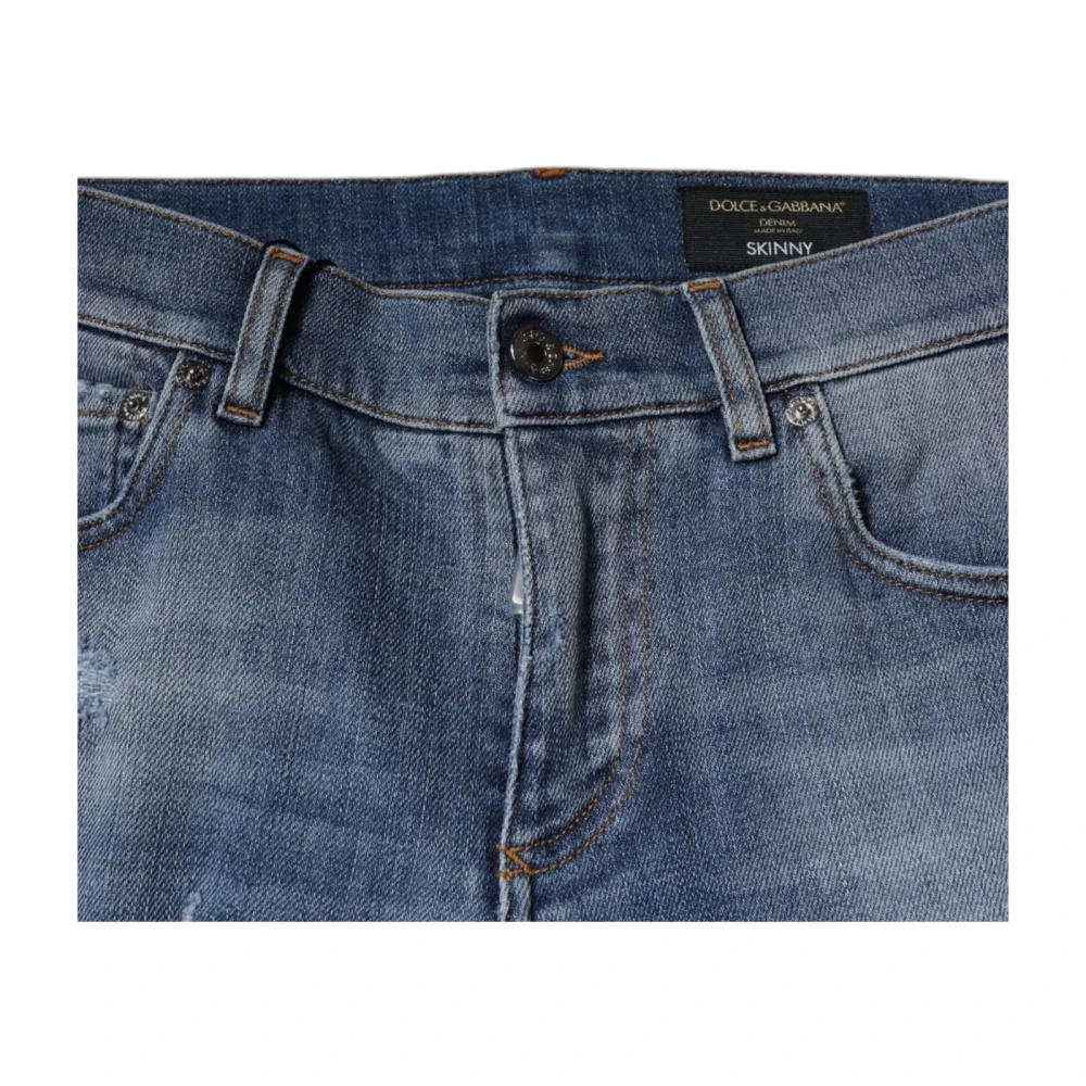 Dolce & Gabbana Versleten Skinny Denim Jeans met Logo Blue Heren