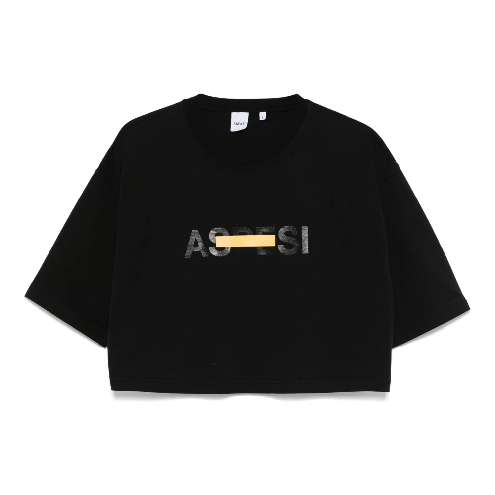 Aspesi Logo Print Cropped T-Shirt Black Dames