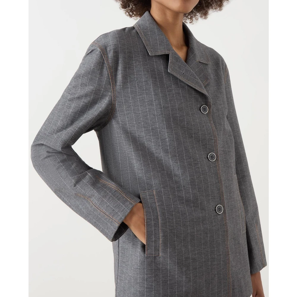 Max Mara Grijze Gestreepte Jas met Decoratieve Randen Gray Dames