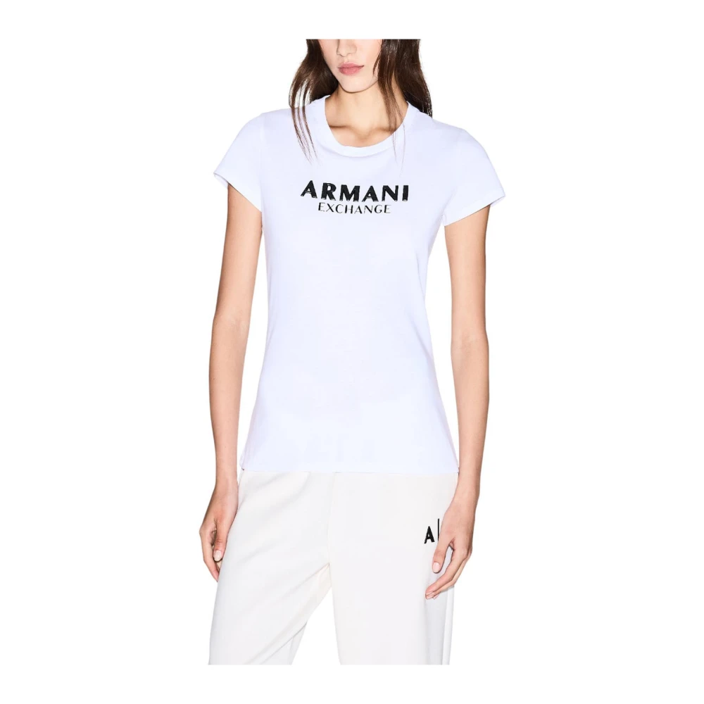 Armani Exchange Women's White Graphic Print Cotton Round Neck T-Shirt