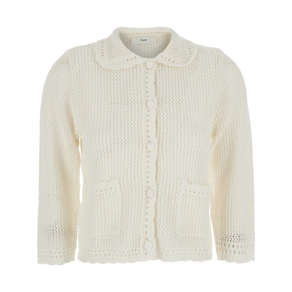 Dunst Women's White Cardigans, M, Collared Crochet Cardigan