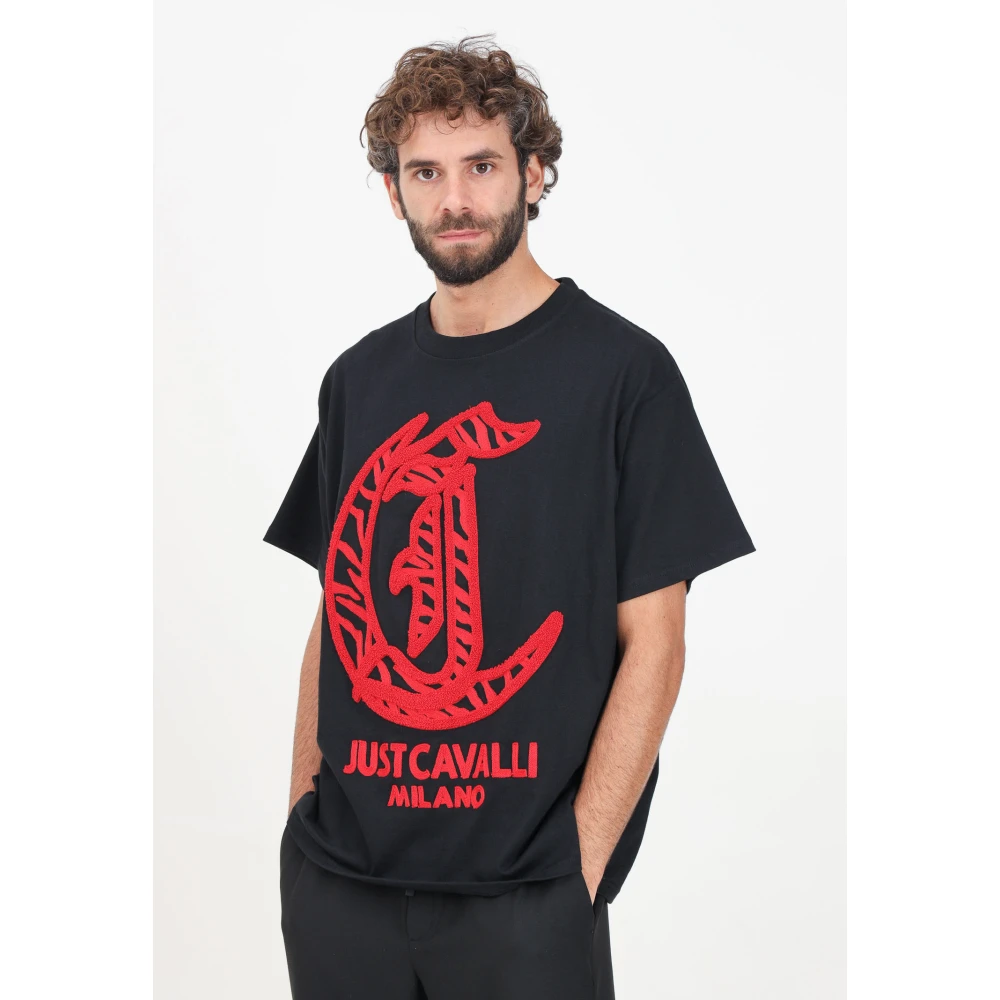 Just Cavalli Zwart Logo Print Korte Mouw T-shirt Black Heren