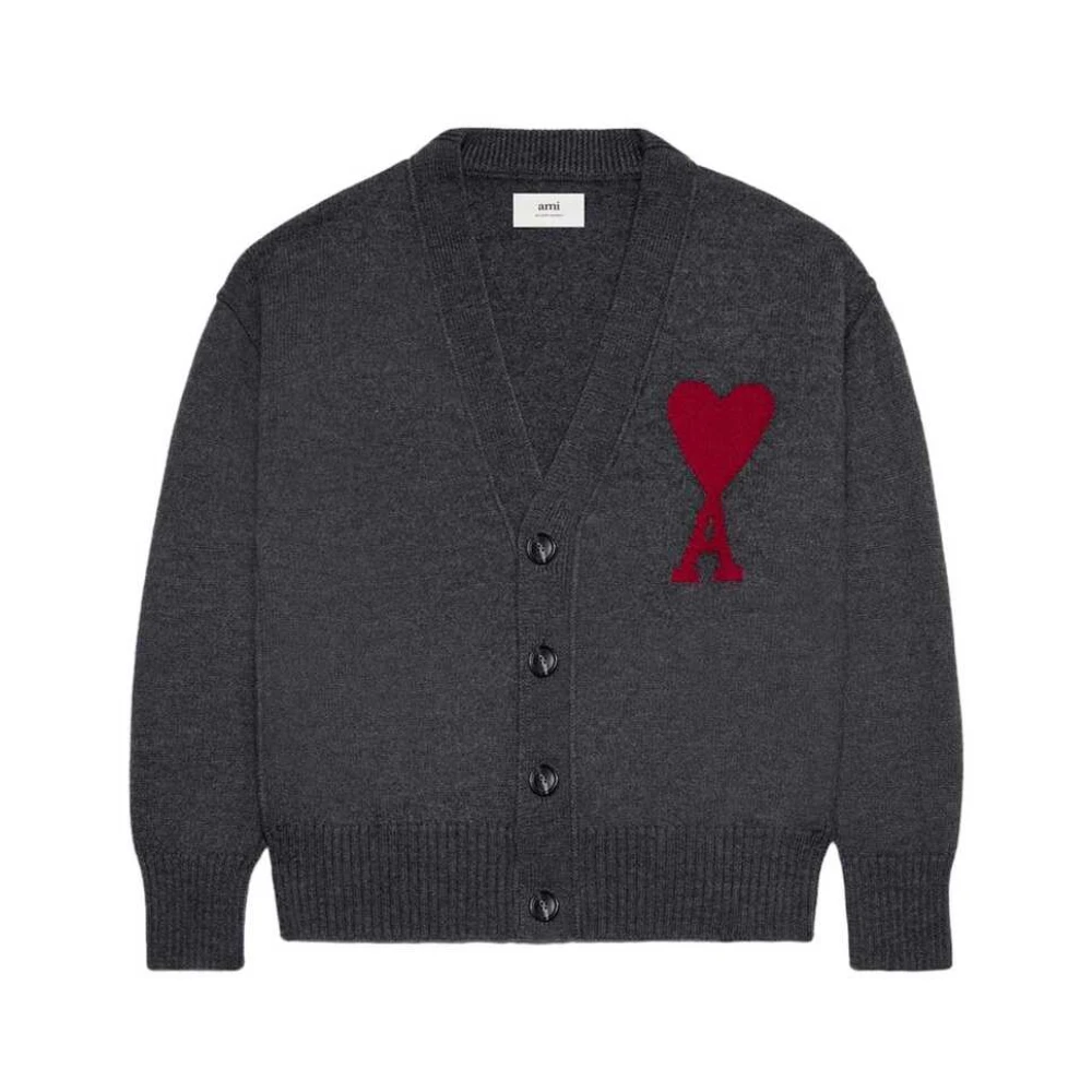 Ami Paris Grijze Wollen Gebreide V-Hals Trui Gray Dames