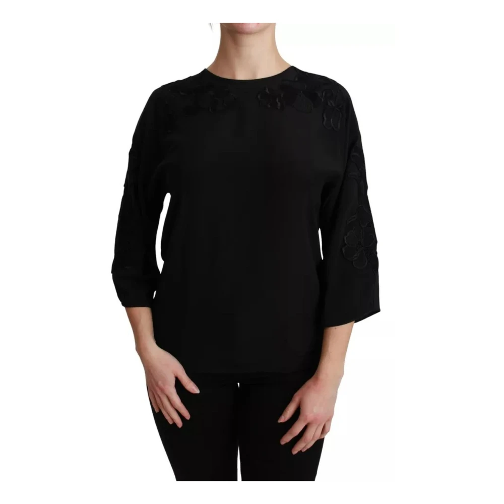 Dolce & Gabbana Zwarte Bloemen Zijden Geborduurde Blouse Black Dames