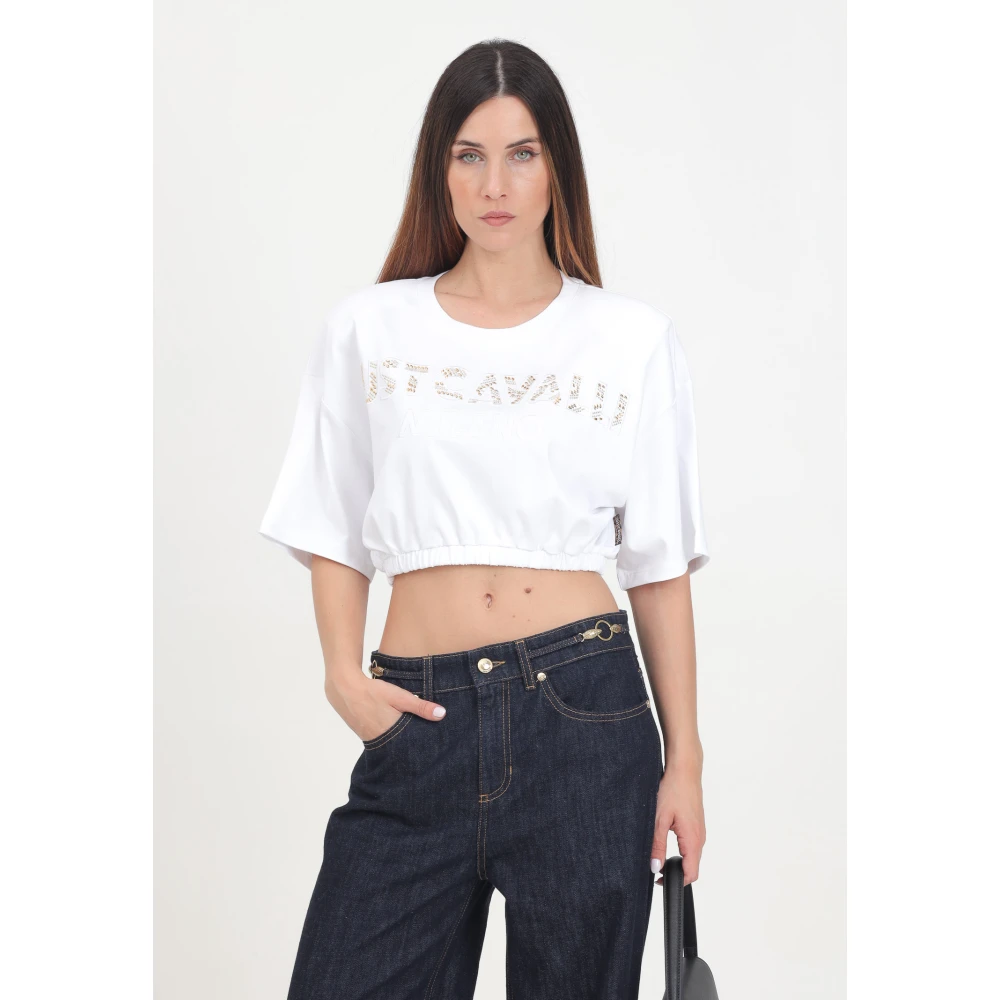 Just Cavalli Wit Logo Versierde Crop T-shirt White Dames