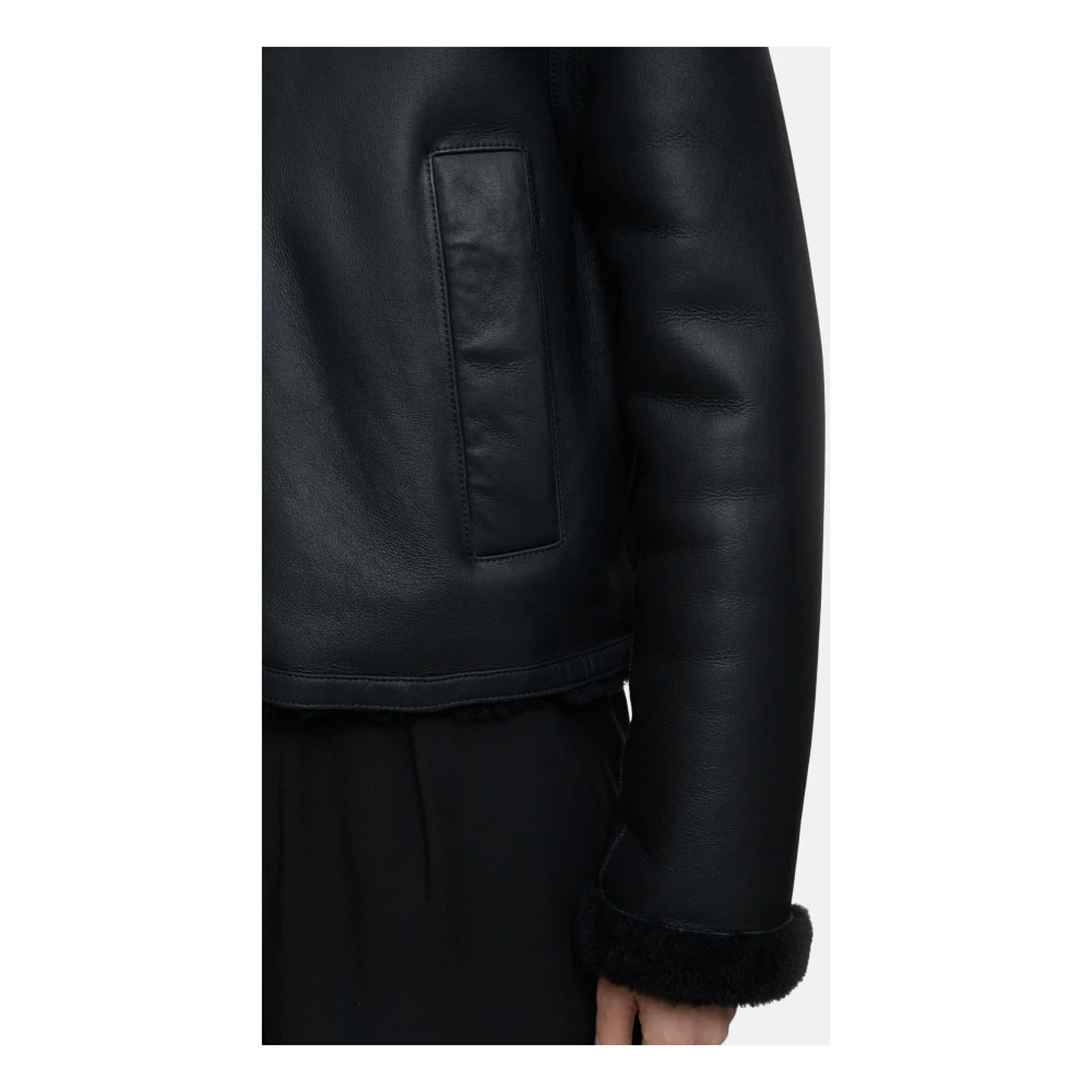 closed Aviator Style Schapenleren Jas met Zijzakken en Ritssluiting Black Dames