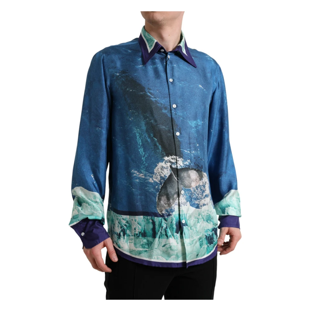 Dolce & Gabbana Men's Blue Ocean Print Silk Button Down Shirt