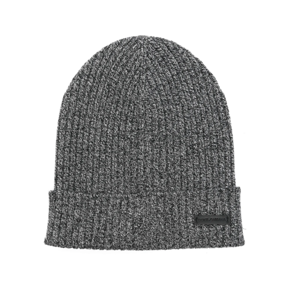 Dolce & Gabbana Svart Ribbstickad Beanie Mössa Gray, Unisex