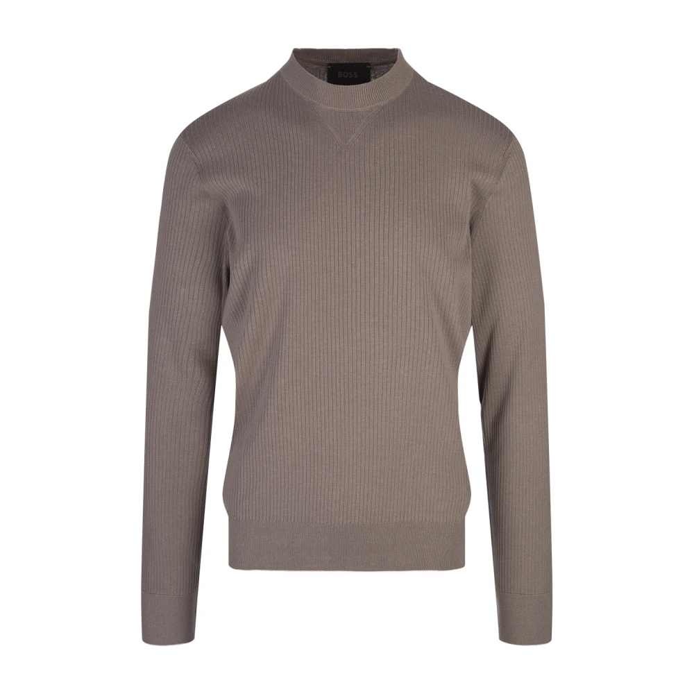 Hugo Boss Taupe Silk Blend Ribbstickad Sweater Brown, Herr