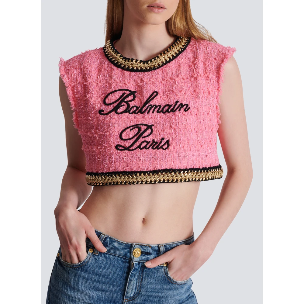 Balmain Handtekening tweed en ketting top Pink Dames