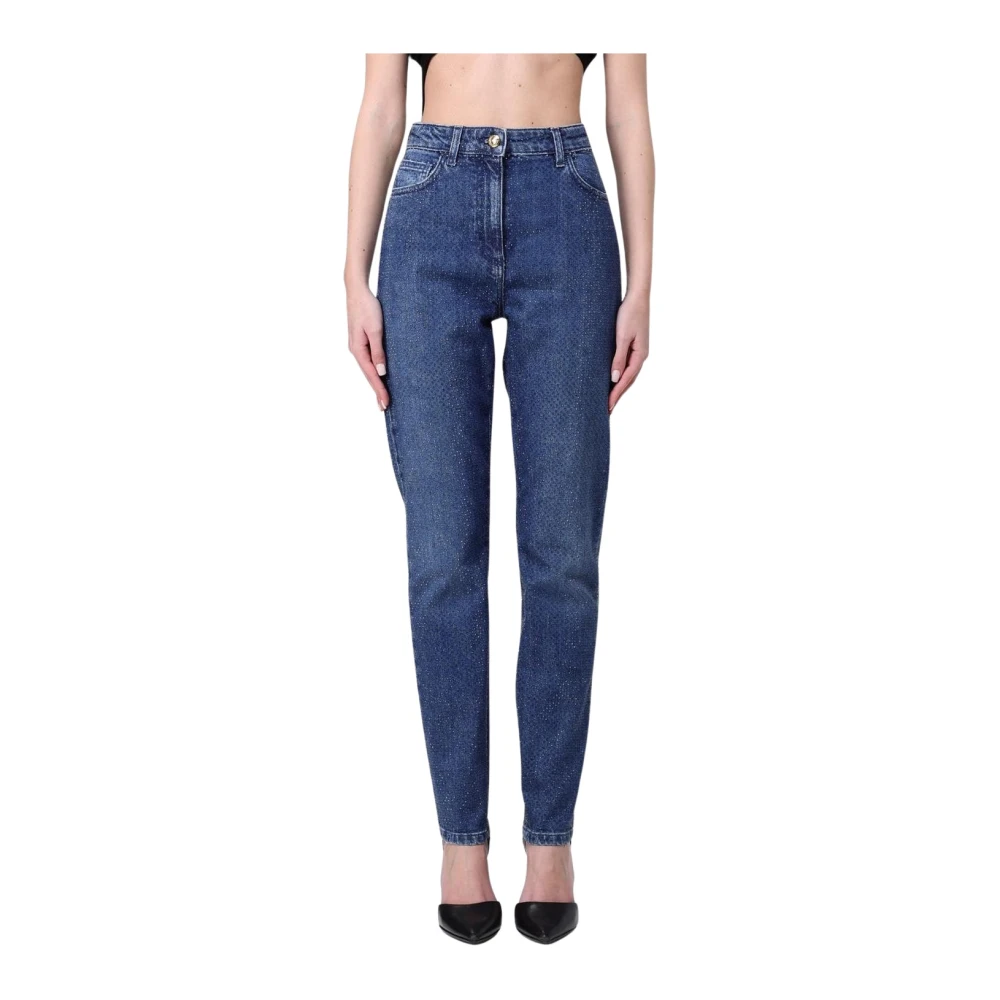Elisabetta Franchi Women's Blue Slim Fit Jeans, W27, Studded Straight Leg Jeans