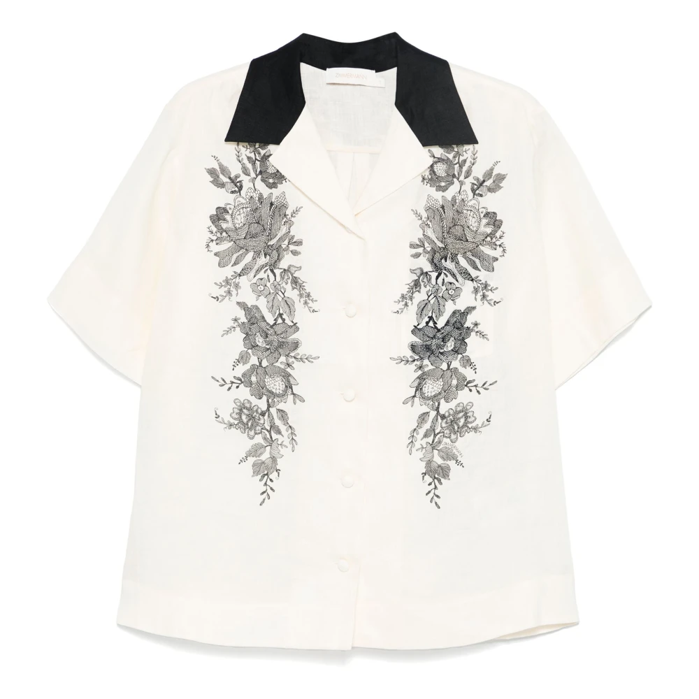 Zimmermann Bloemen Linnen Shirt Cubaanse Kraag Beige Dames