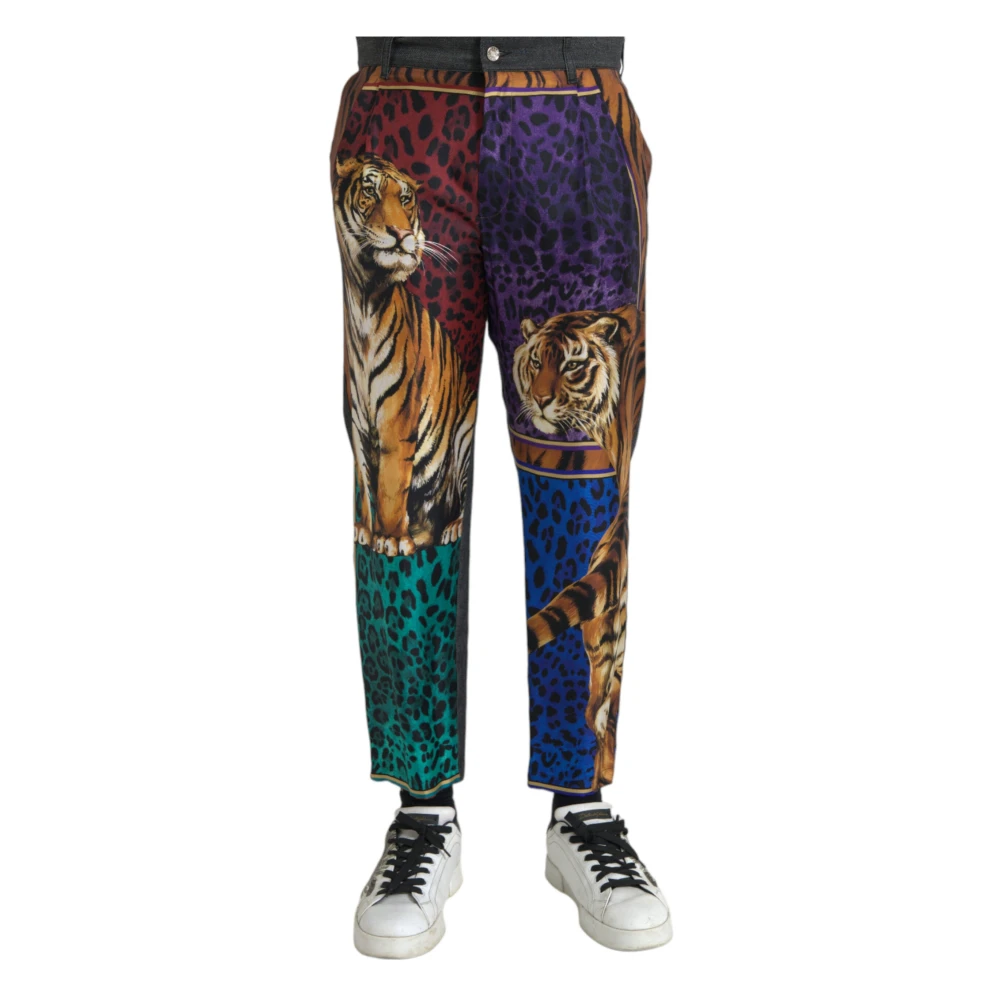 Dolce & Gabbana Multicolor Slim-Fit Trousers, Male, 5XL, Animal Print Tapered Cotton Trousers