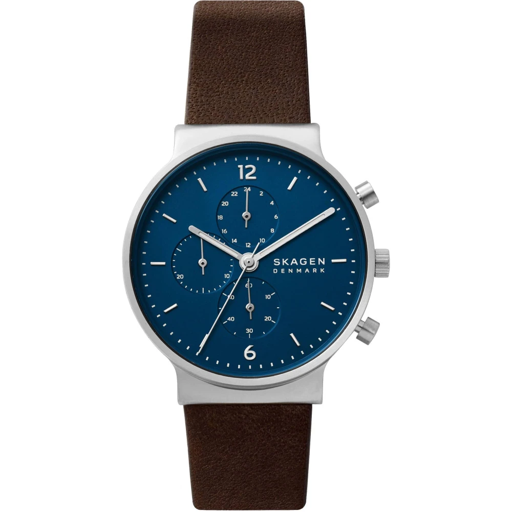 Skagen Gray Watches, Male, One Size, Ancher Leather Watch Blue Dial