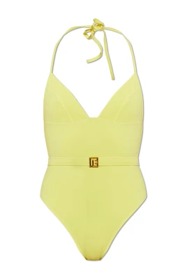 Belted logo-plaque swimsuit