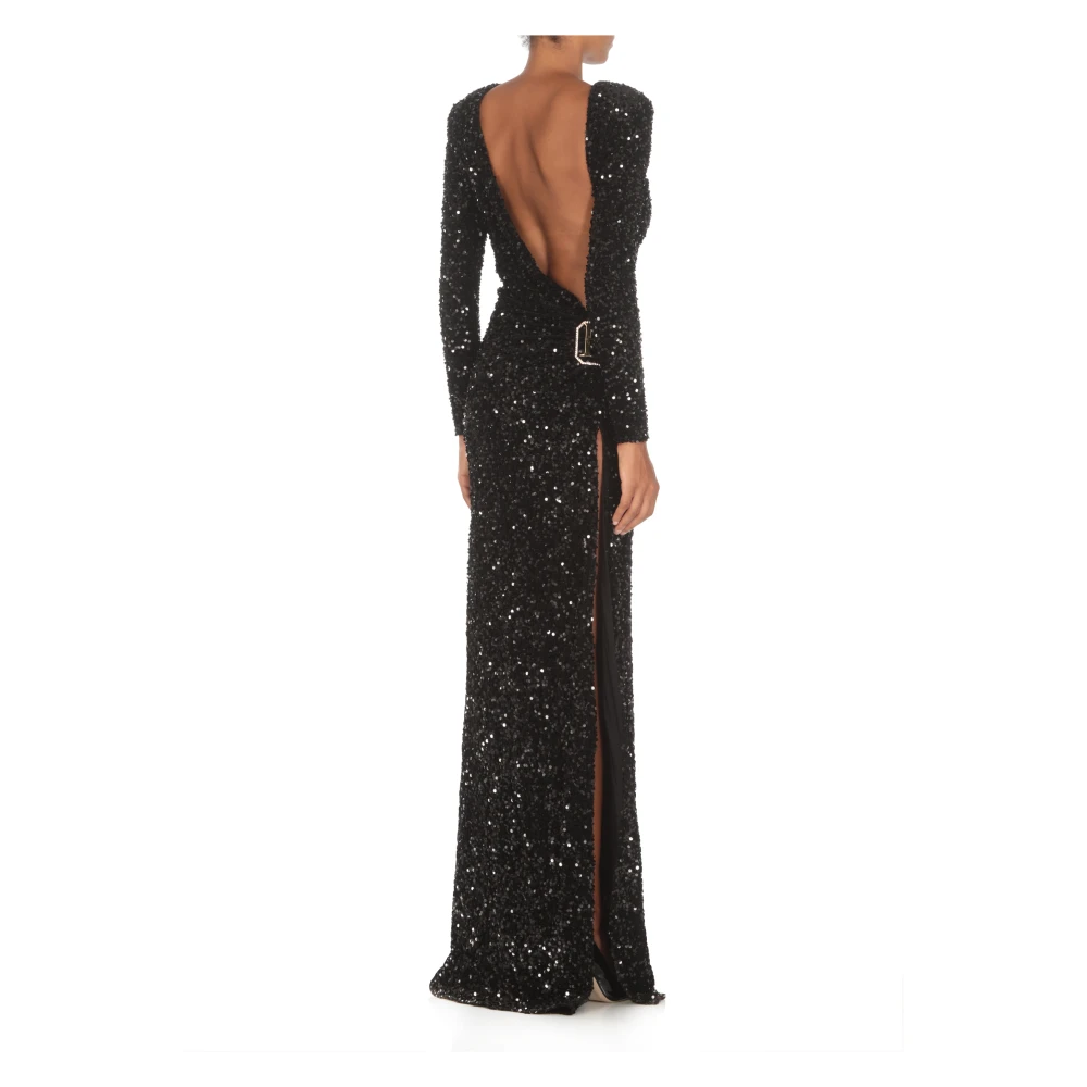 Elisabetta Franchi Zwarte Paillettenjurk Rechte Hals Lange Mouwen Black Dames