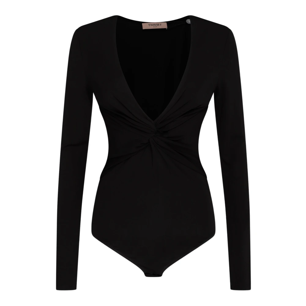 Twinset Zwarte body met lange mouwen en V-hals Black Dames