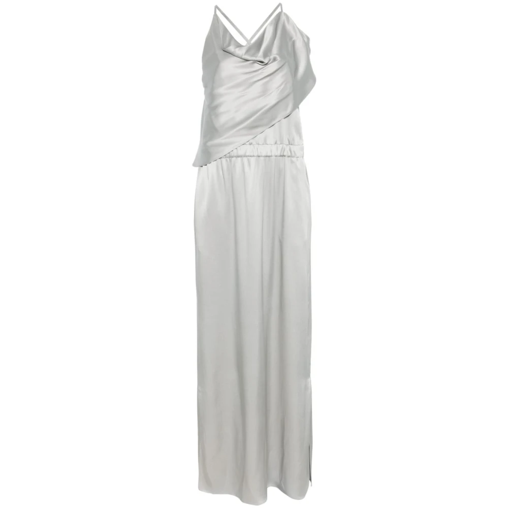 Giorgio Armani Zijden Grijze V-Hals Lange Jurk White Dames