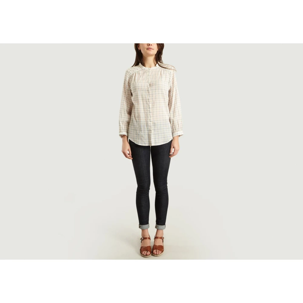 closed Geruite Mandarin Kraag Shirt White Dames