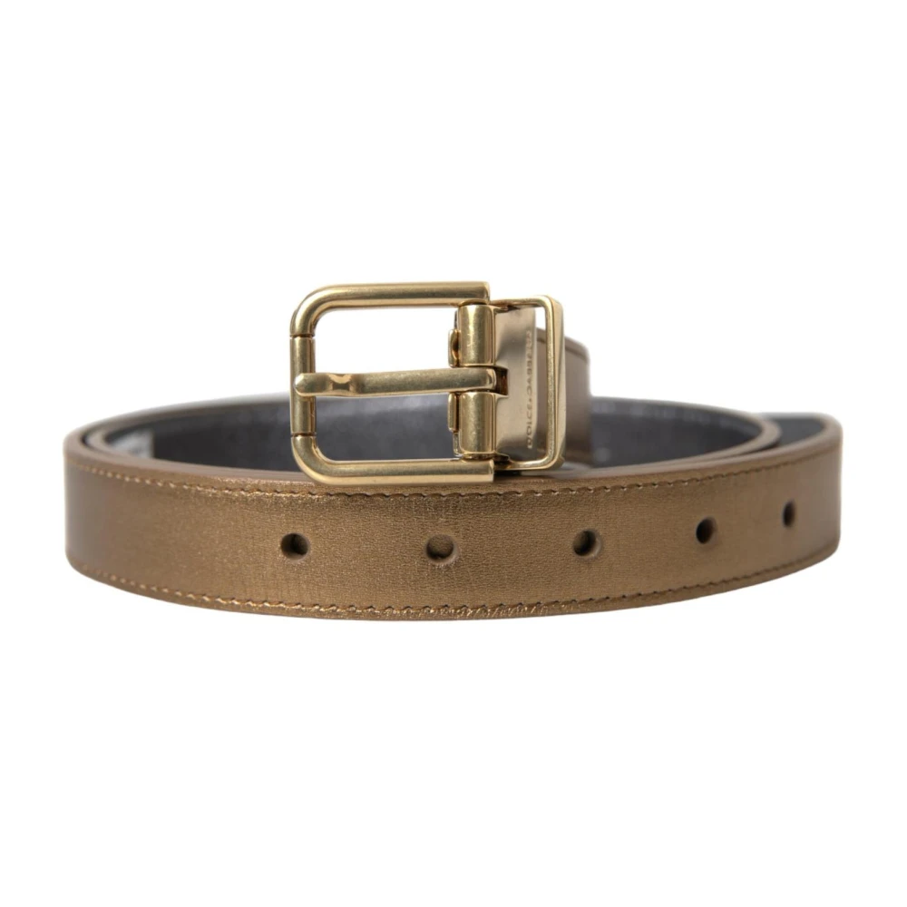 Dolce & Gabbana Men's Yellow Metallic Gold Leather Belt With Metal Buckle - Belts - 85 Cm- Accessories