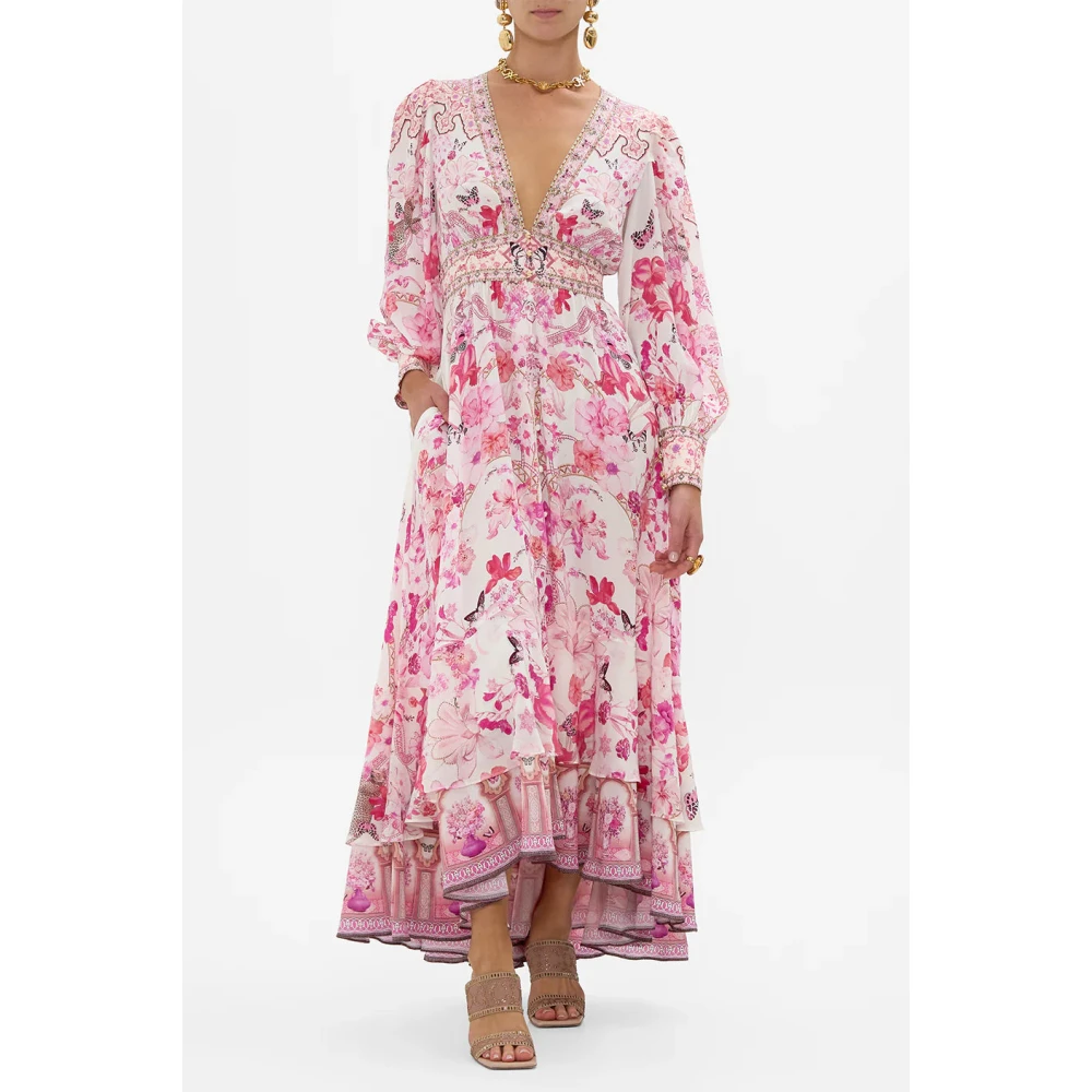Camilla Botanische Novelle Zijden Maxi Jurk Pink Dames