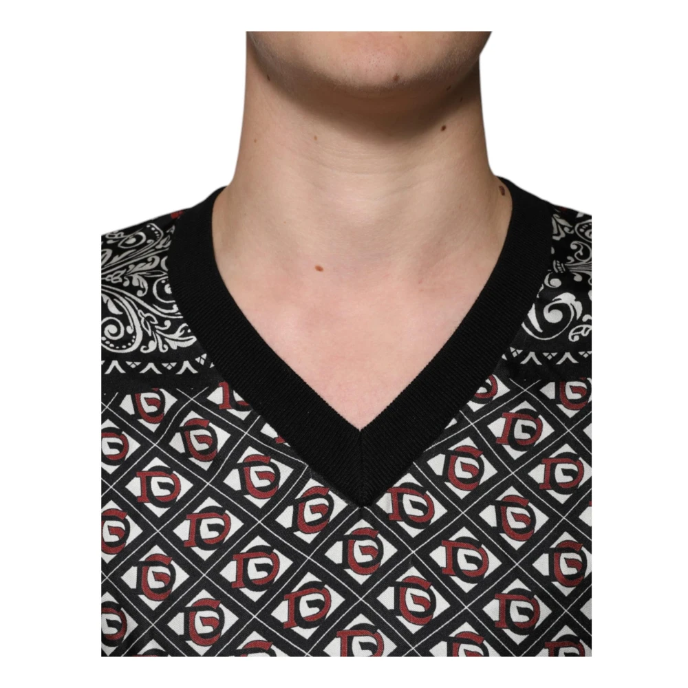Dolce & Gabbana Zwarte Wol V-hals Logo Trui Black Heren