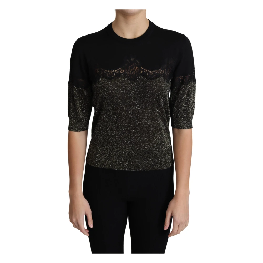 Dolce & Gabbana Black Shiny Lace Pullover Top - Female - Round-Neck Knitwear - Xl - Knitwear