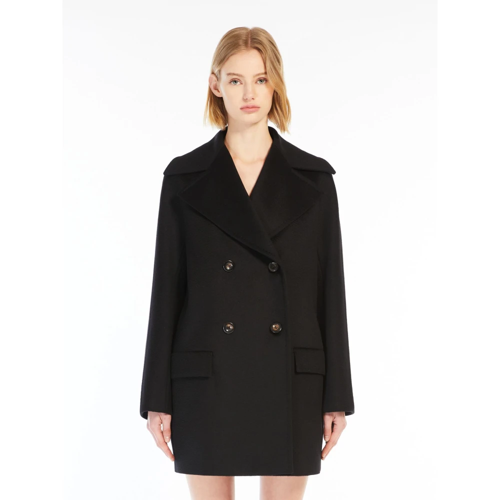 Max Mara Studio Wollen double-breasted jas met brede revers Black Dames