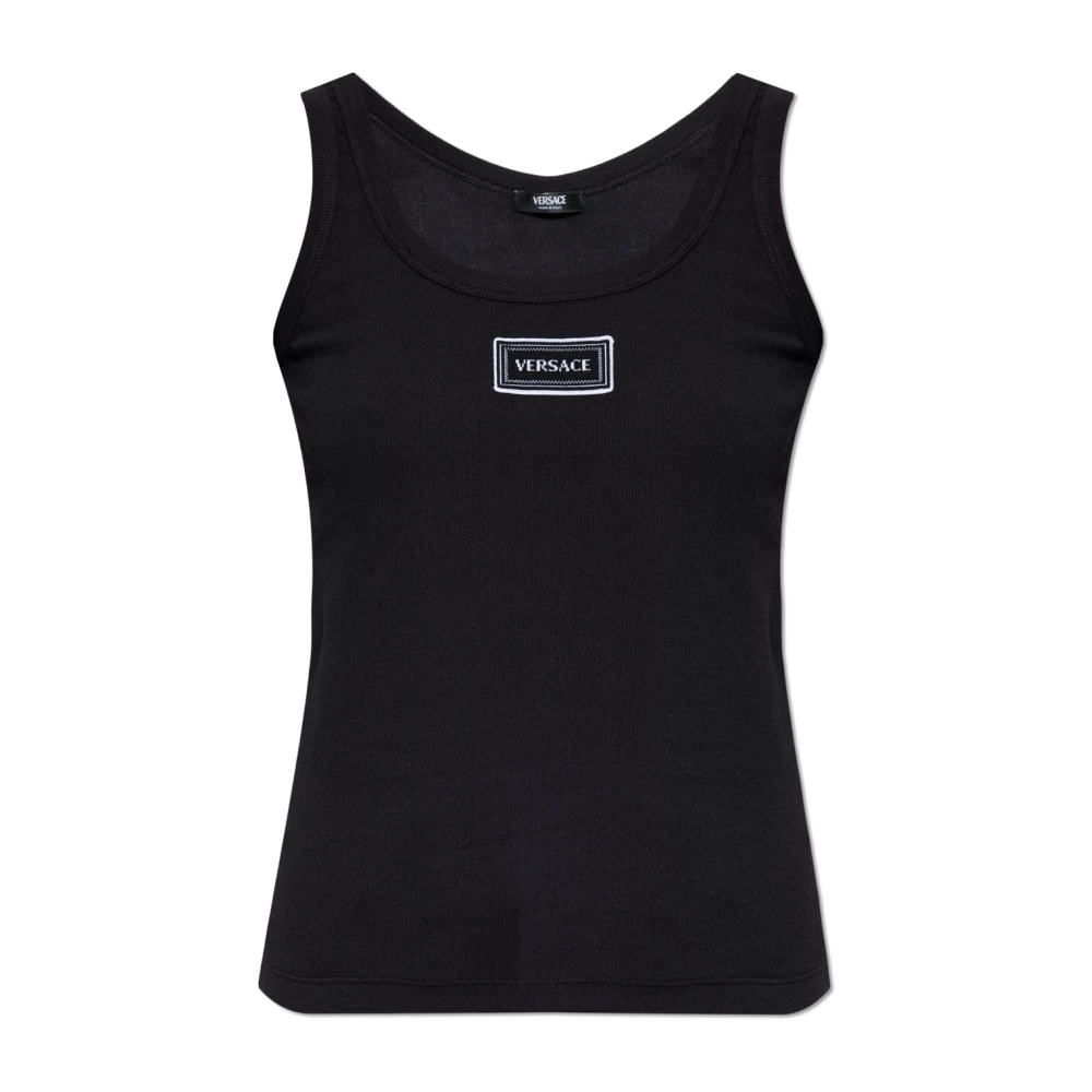 Versace Vrouw Zwart Tops Dames, M, Katoen, Ribgebreide Stretch Katoenen Tanktop