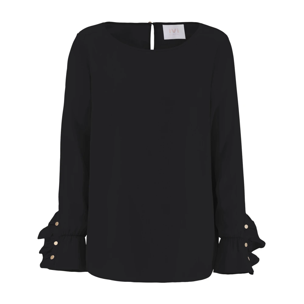IVI Effen Blouse met Gouden Knopen en Ruches Black Dames