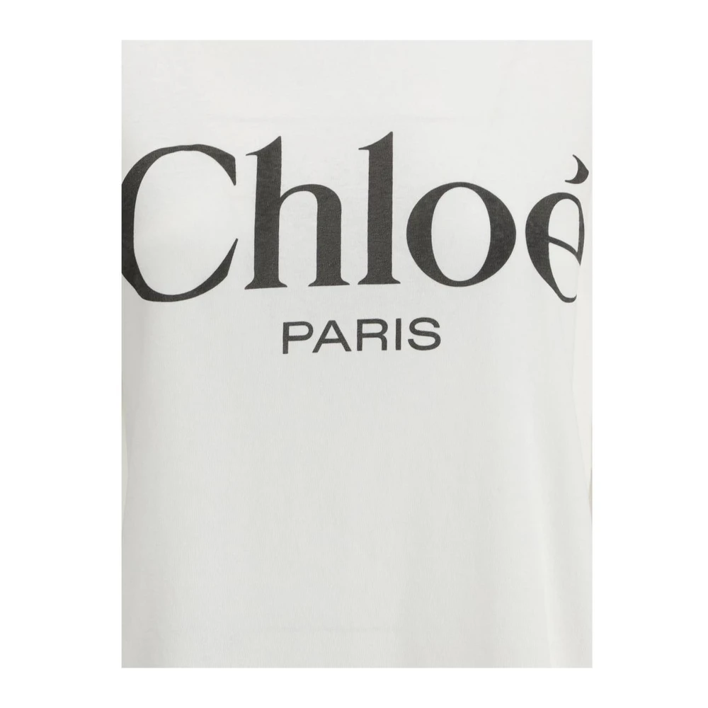 Chloé Monogram Katoenen T-shirt met Geribbelde Ronde Hals White Dames