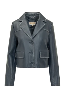 Contrast-Trim Leather Cropped Blazer