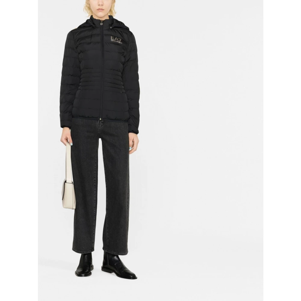 Emporio Armani EA7 Zwarte Logo-Print Puffer Jas Black Dames