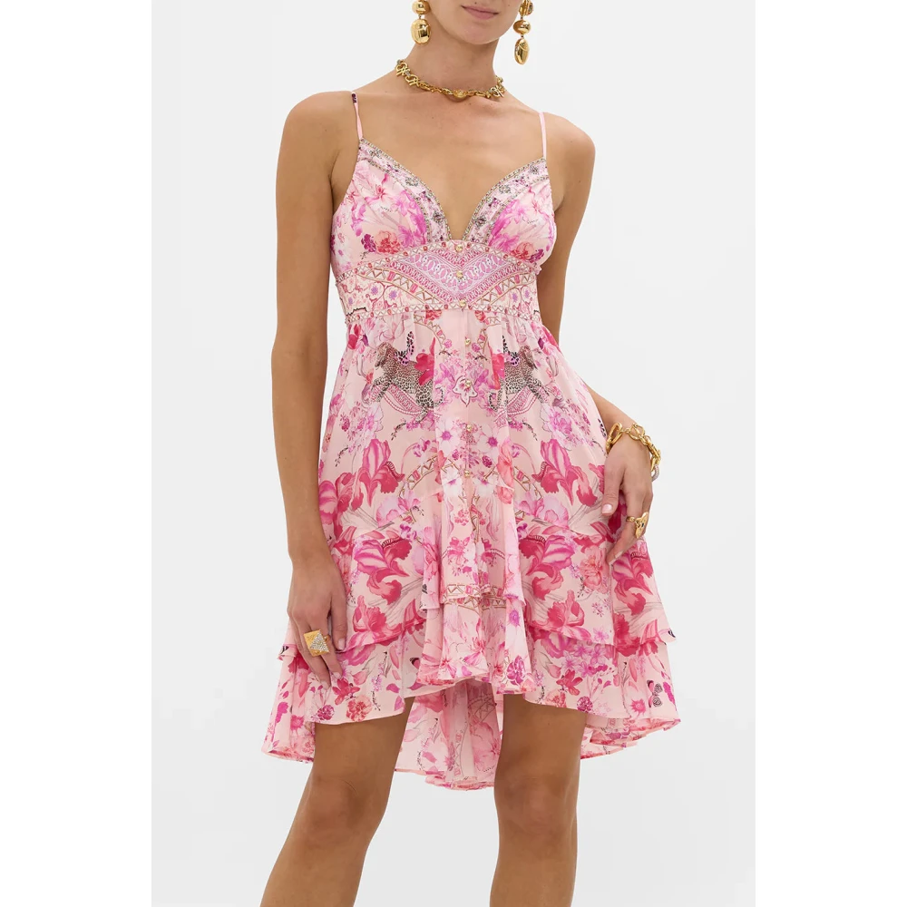 Camilla Botanische Novelle Zijden Frill Jurk Pink Dames