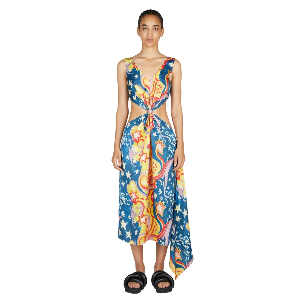 Marni Women's Multicolor Summer Dresses, 2XS, Graphic Print Midi Dress With Waist Cut-Outs