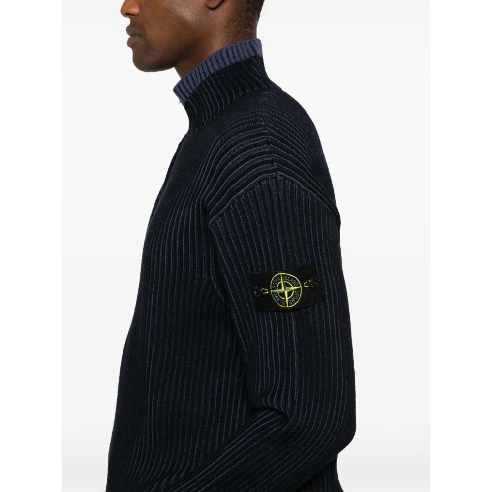 Stone Island Blauwe Ribgebreide Trui Met Opstaande Kraag Blue Heren