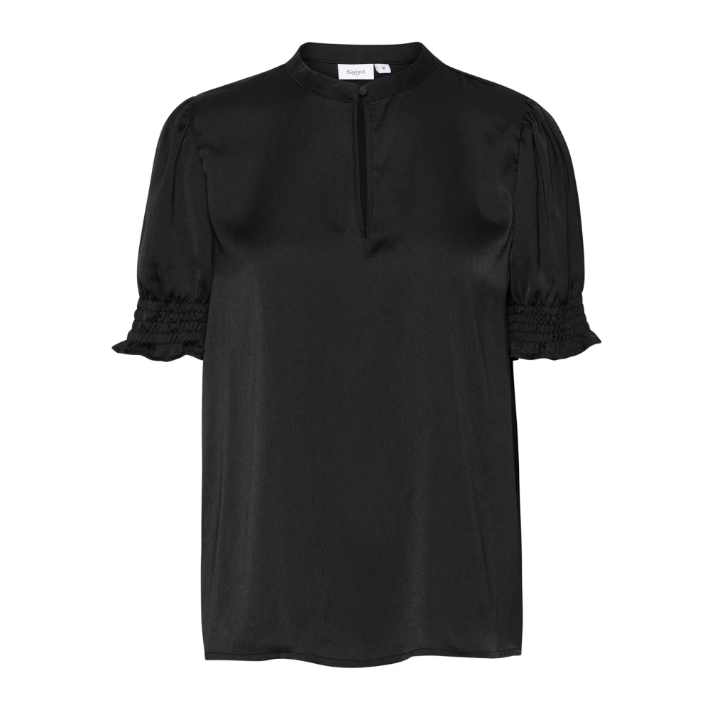 Saint Tropez Feminin Blus med Puffärmar och Nyckelhålsdetalj Black, Dam