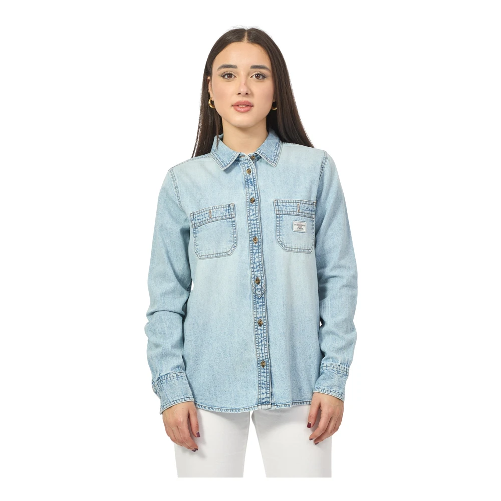 Guess Blauwe Denim Overhemd met Klassieke Kraag Blue Dames