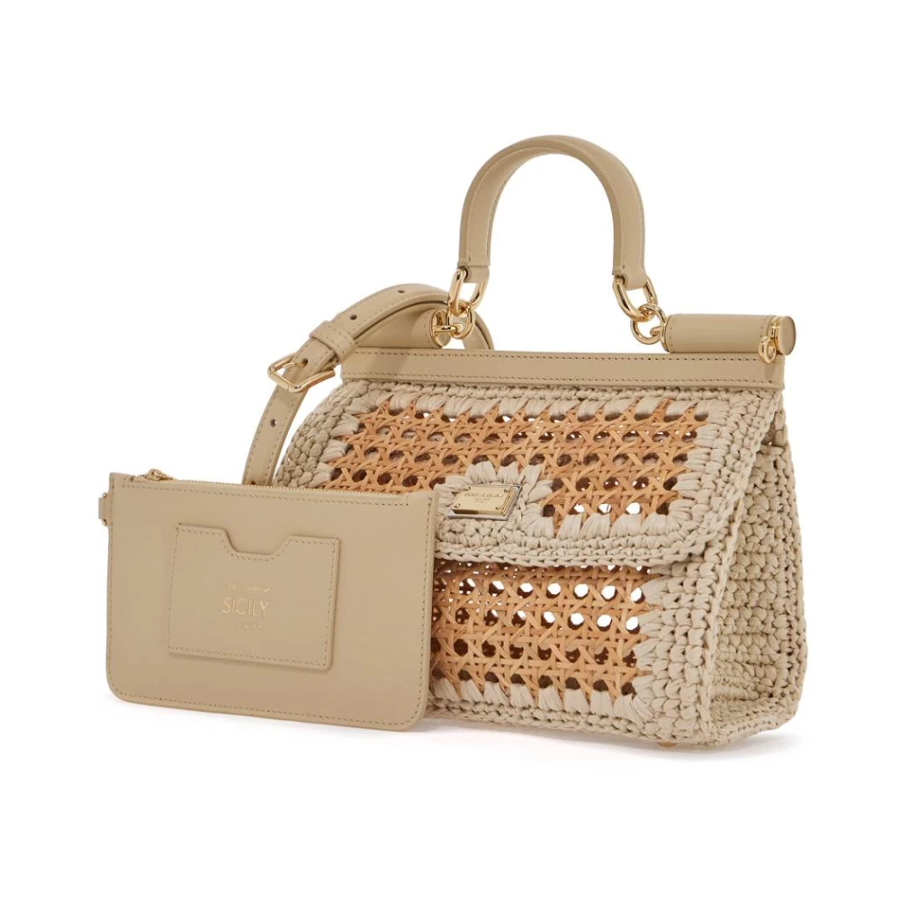 Dolce & Gabbana Langwerpige Vienna Straw Handtas met Vergulde Plaat Beige Dames