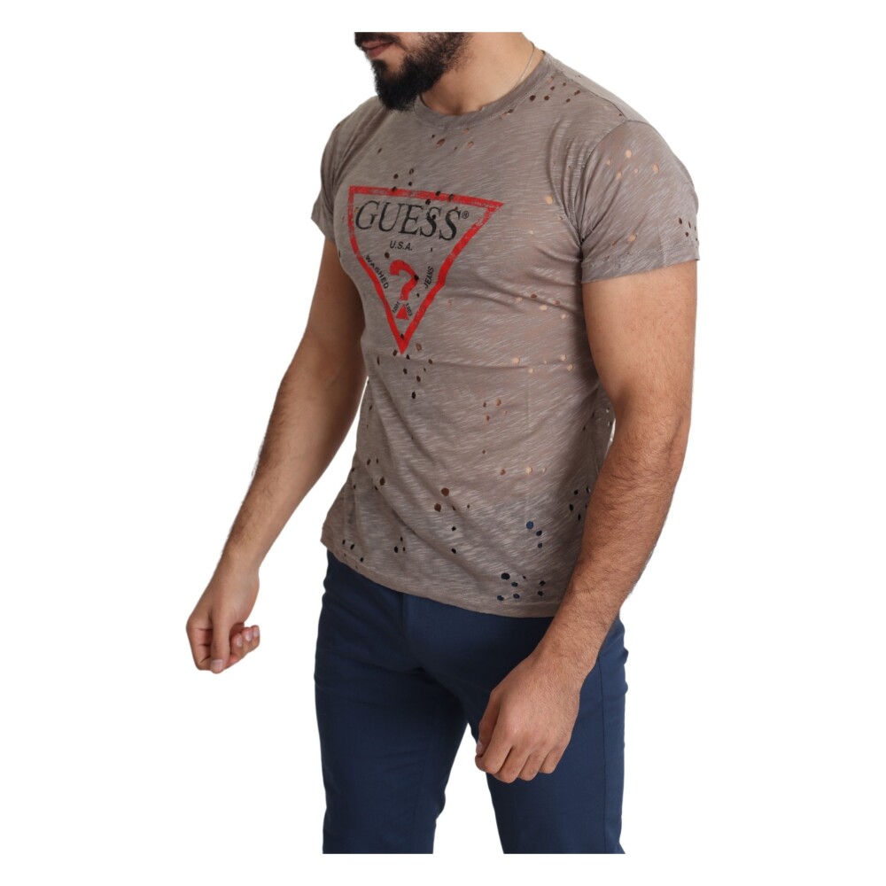 Guess Guess DG Brown Cotton Stretch Logo Print Men Casual Perforated T-shirt Brun, Herr