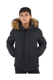 Short full zip down jacket with fur hood