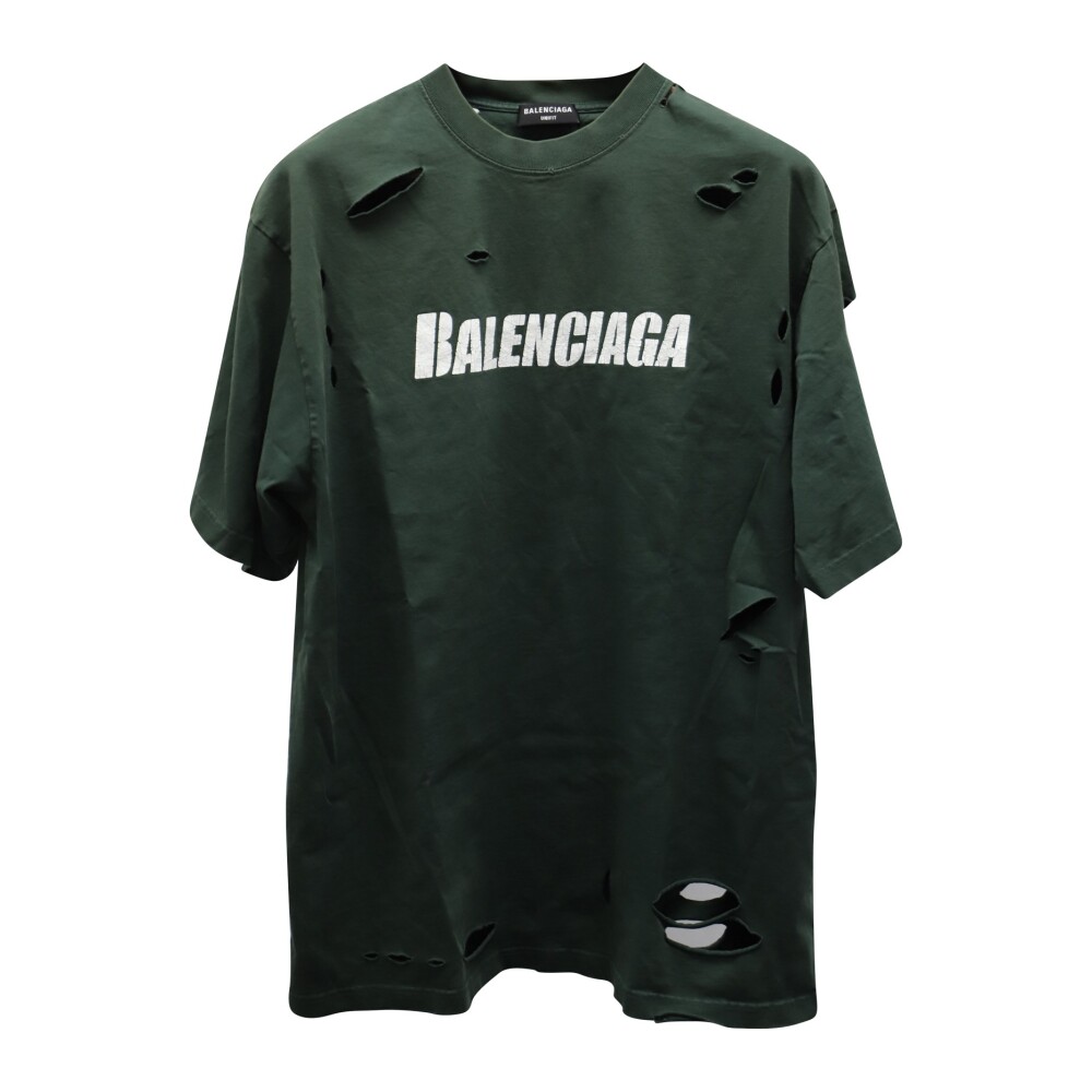 Balenciaga Destroyed Boxy Fit T-shirt in Green Cotton