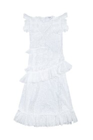 Long lace dress with asymmetric ruffles